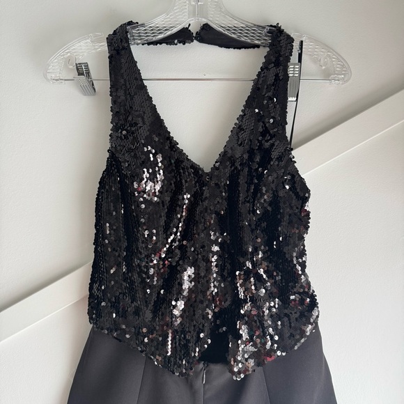 Zara Sequin Vest Halter Jumpsuit Open Back V- neck Black size S - Picture 8 of 12